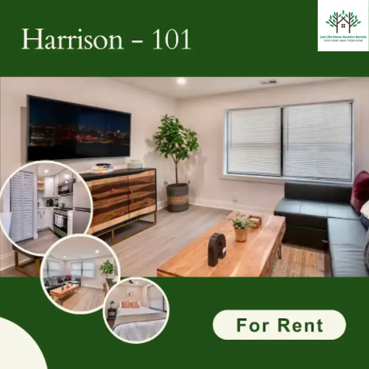 The image showcases a modern, open-concept living area with a comfortable sofa adorned with decorative pillows, a sleek TV positioned near a window with city views, warm wooden furniture, and a lush indoor plant adding a touch of nature. The space is bright and inviting, ideal for relaxing or hosting friends.