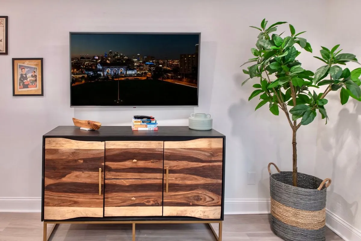 This image features a cozy, contemporary living area with a television, wooden sideboard, indoor plant, and framed pictures. The atmosphere is inviting, making it an ideal spot to relax or focus between city adventures and study sessions.